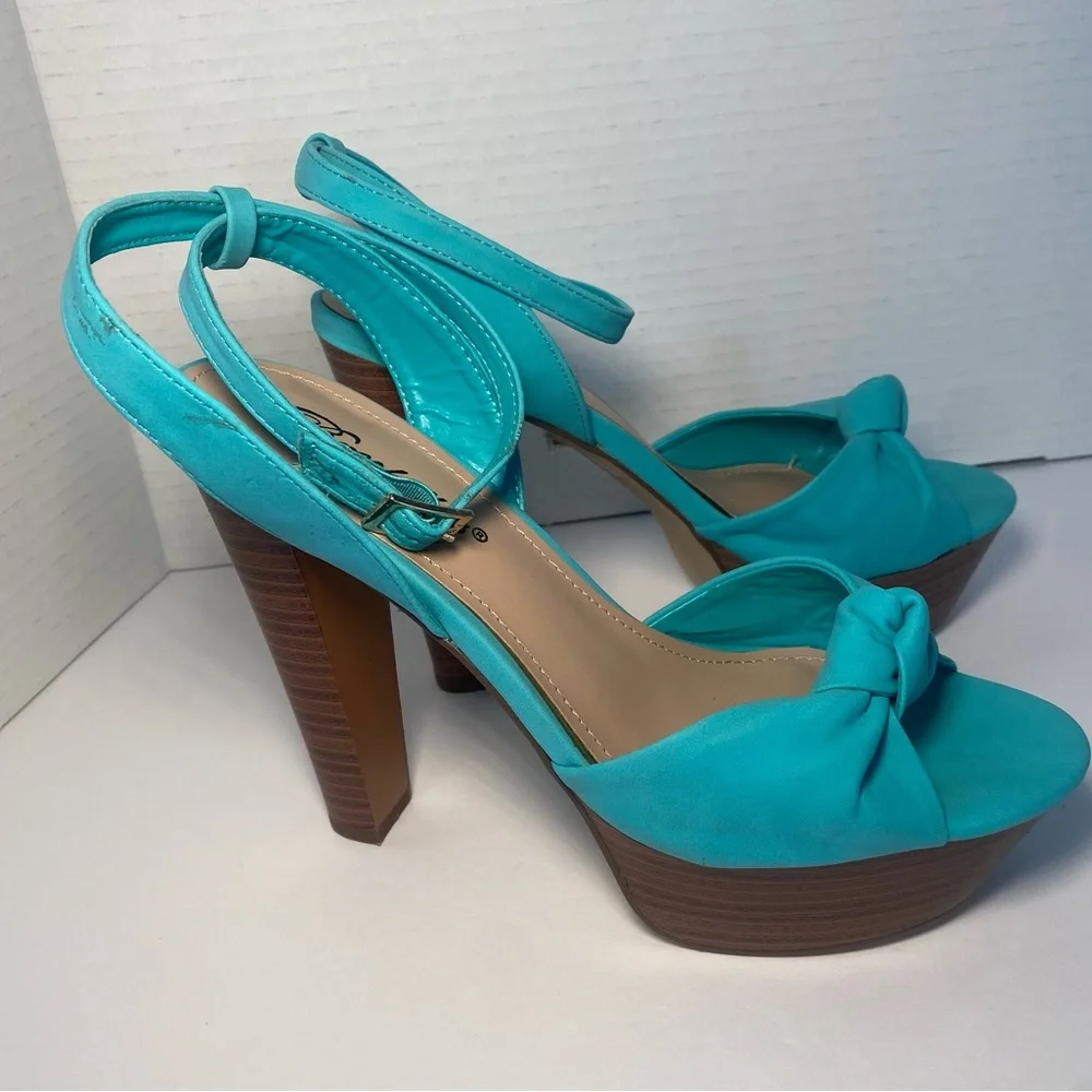 Breckelles peep toe chunky platform sandals heels aqua blue 6.5 - Picture 3 of 9